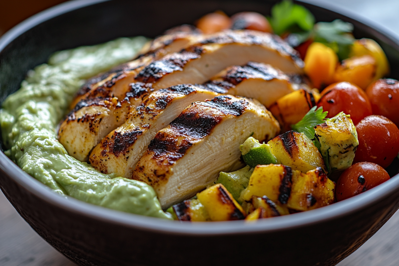 Epic Grilled Chicken Bowl with Creamy Avocado Sauce & Veggies