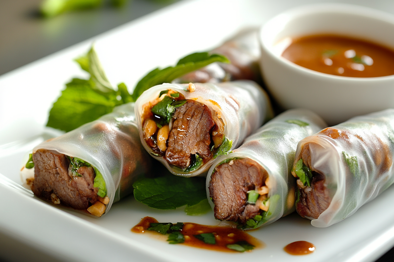 Beef Spring Rolls with Peanut Lime Sauce