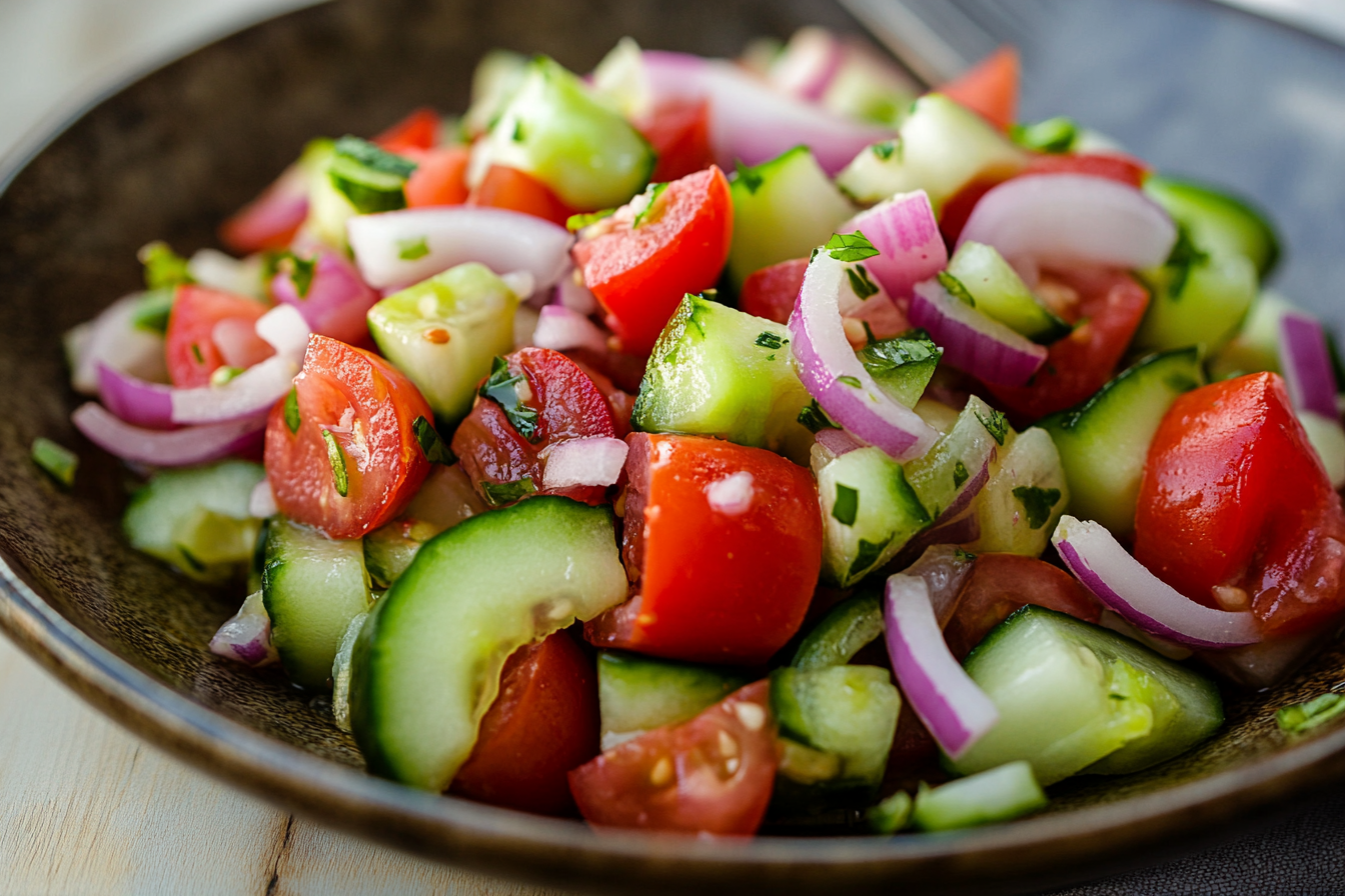 Fresh & Tangy Marinated Cucumber, Onion, and Tomato Salad
