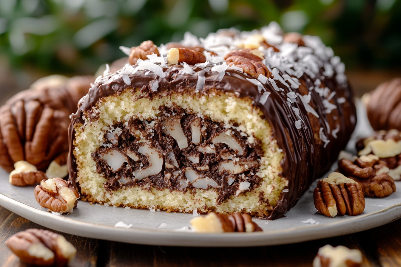 Decadent German Chocolate Coconut Pecan Roll Cake