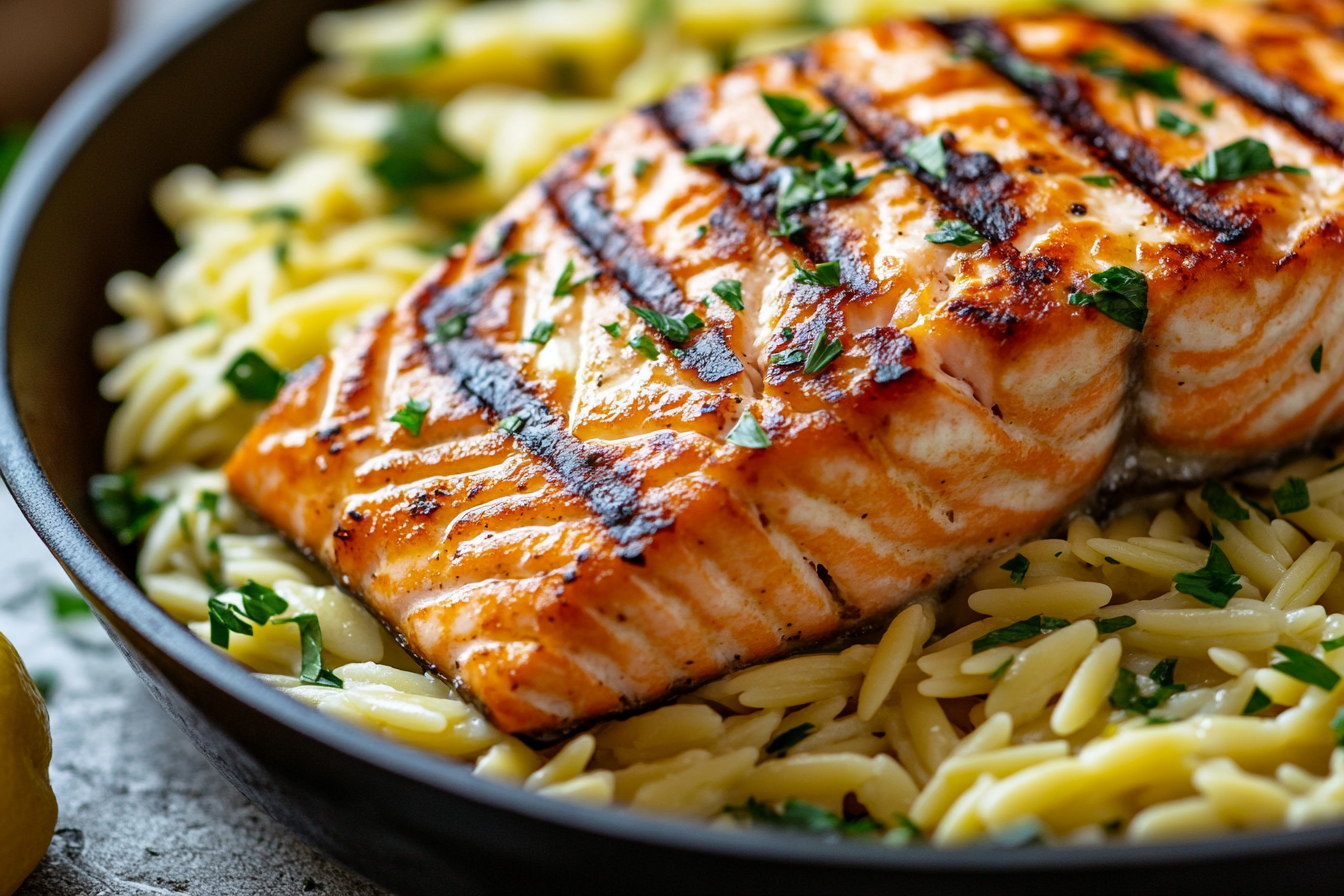 30-Minute Seared Salmon with Lemon Orzo