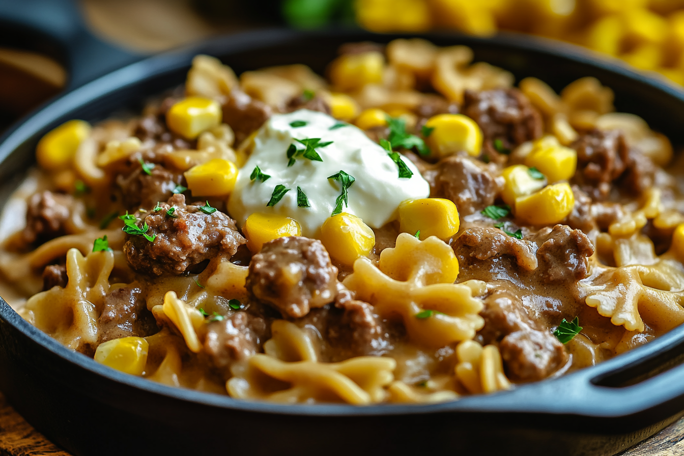 Creamy Ranch Beef Bowtie Skillet with Sweet Corn Magic