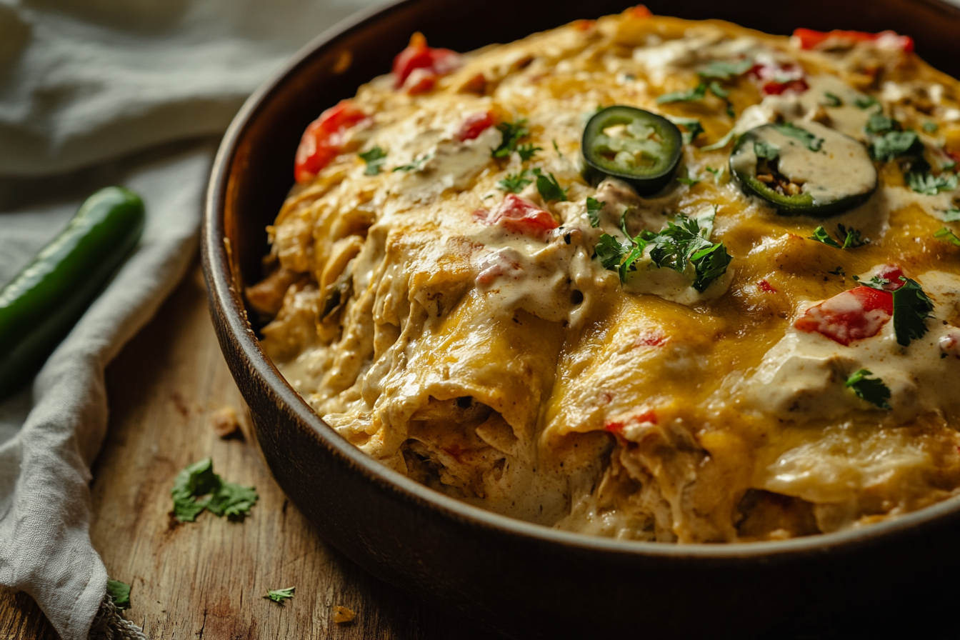 Jalapeño Popper Cheesy Chicken Enchiladas with Creamy Sauce