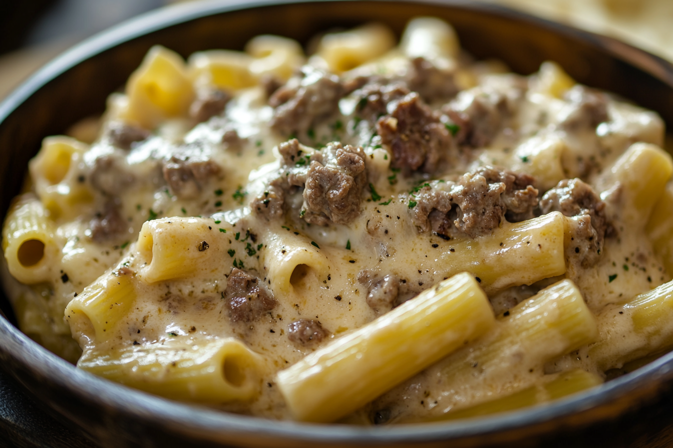 Creamy Cheesy Garlic Butter Rigatoni with Savory Beef