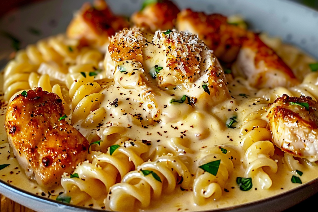 Creamy Garlic Butter Chicken & Rotini in Parmesan Sauce