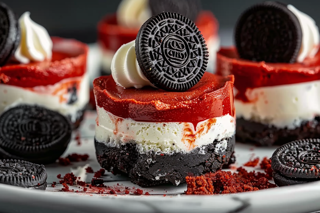 Mini Oreo Stuffed Red Velvet Cookie Dough Cheesecakes