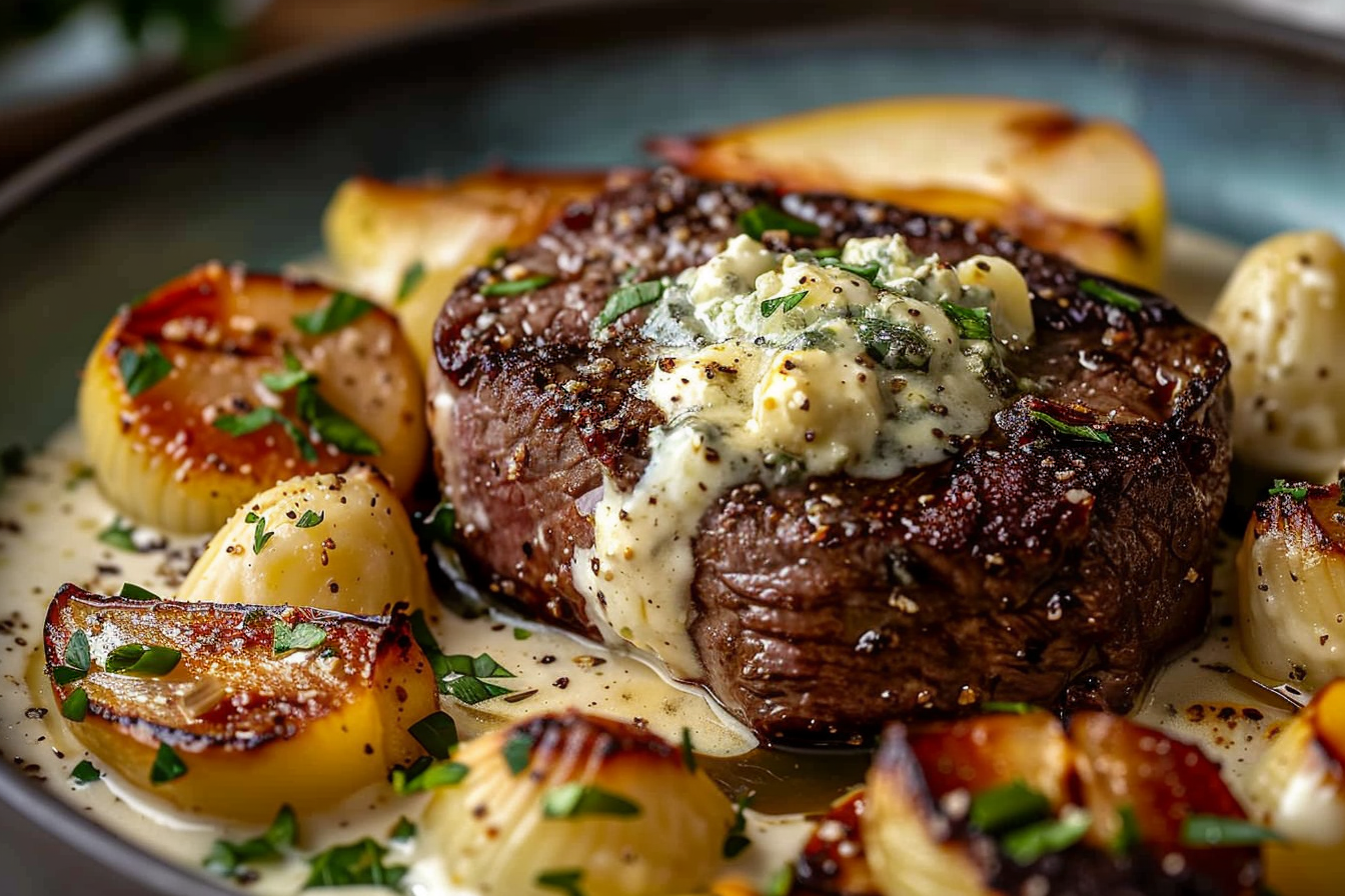 Pan Seared Filet Mignon with Pear Gorgonzola Conchiglioni Gratin