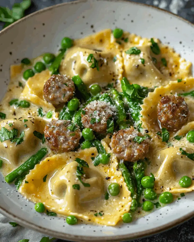 Creamy Asparagus Ravioli with Sausage and Peas 4 Creamy Asparagus Ravioli with Sausage and Peas