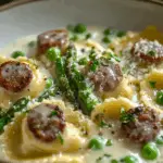 Creamy Asparagus Ravioli with Sausage and Peas 5 Creamy Asparagus Ravioli with Sausage and Peas