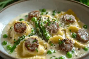 Creamy Asparagus Ravioli with Sausage and Peas