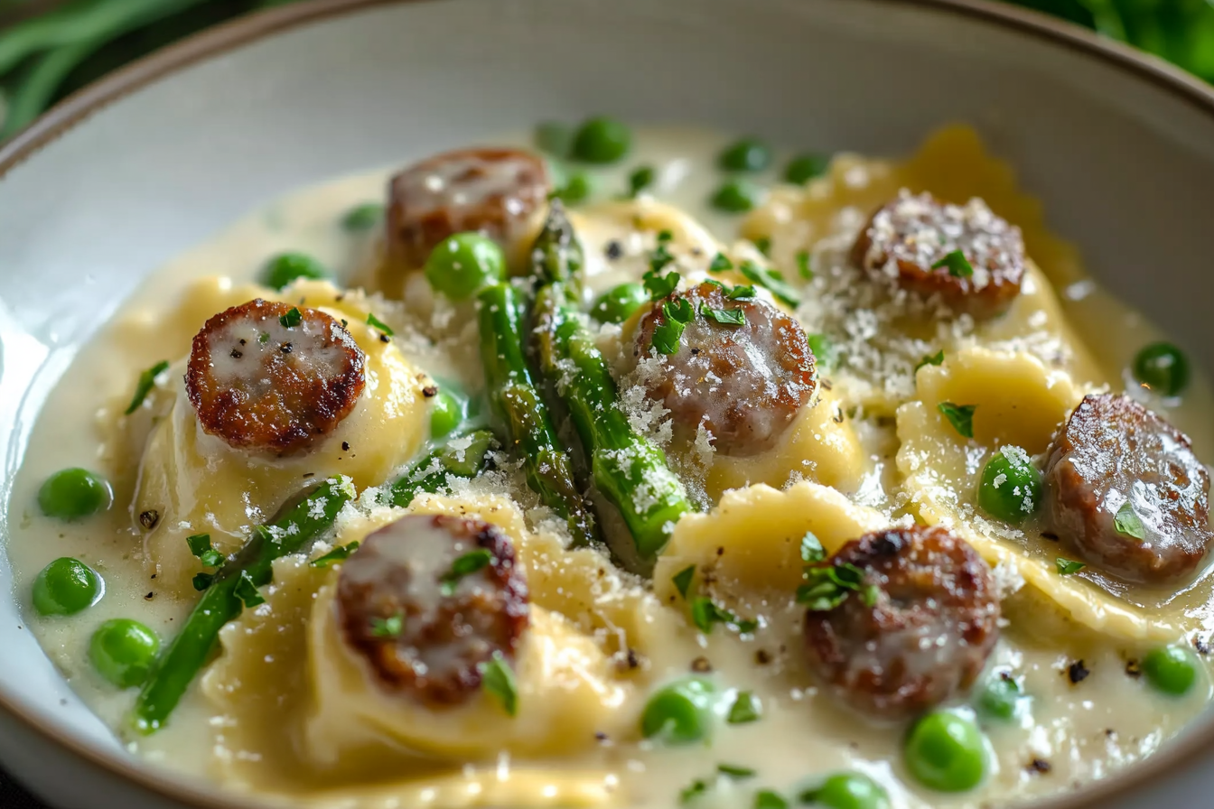 Creamy Asparagus Ravioli with Sausage and Peas