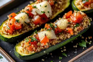 Bruschetta Quinoa Zucchini Boats