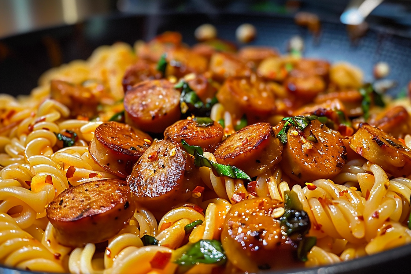 Sticky Honey Garlic Sausage Pasta Skillet
