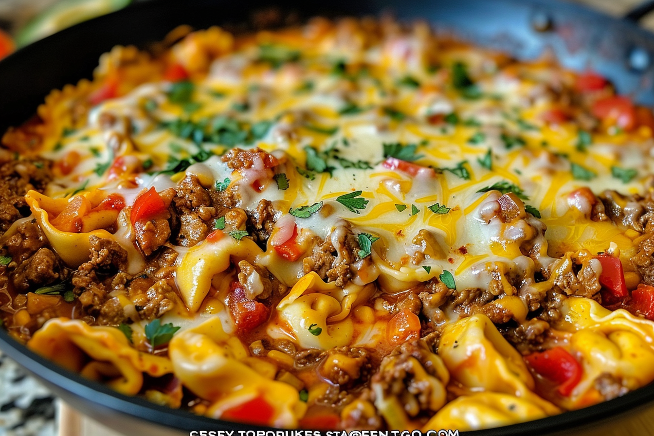 Cheesy Enchilada Beef Tortellini Skillet