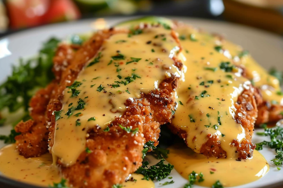 Pretzel-Crusted Chicken with Creamy Mustard Cheddar Sauce