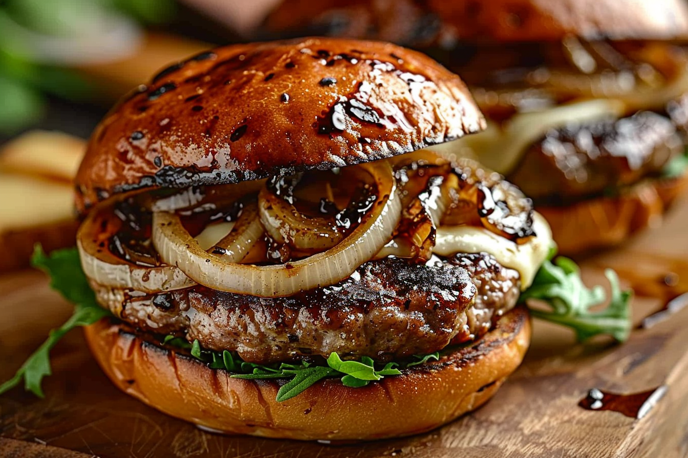Juicy Turkey Burgers with Balsamic Caramelized Onions and Provolone