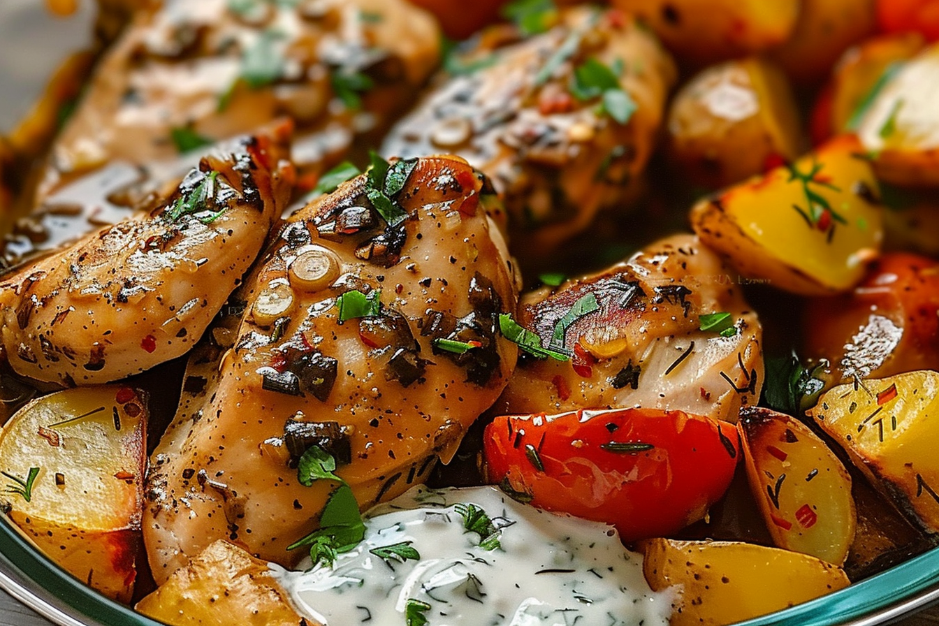 Mediterranean Chicken with Roasted Potatoes and Herbed Yogurt Sauce