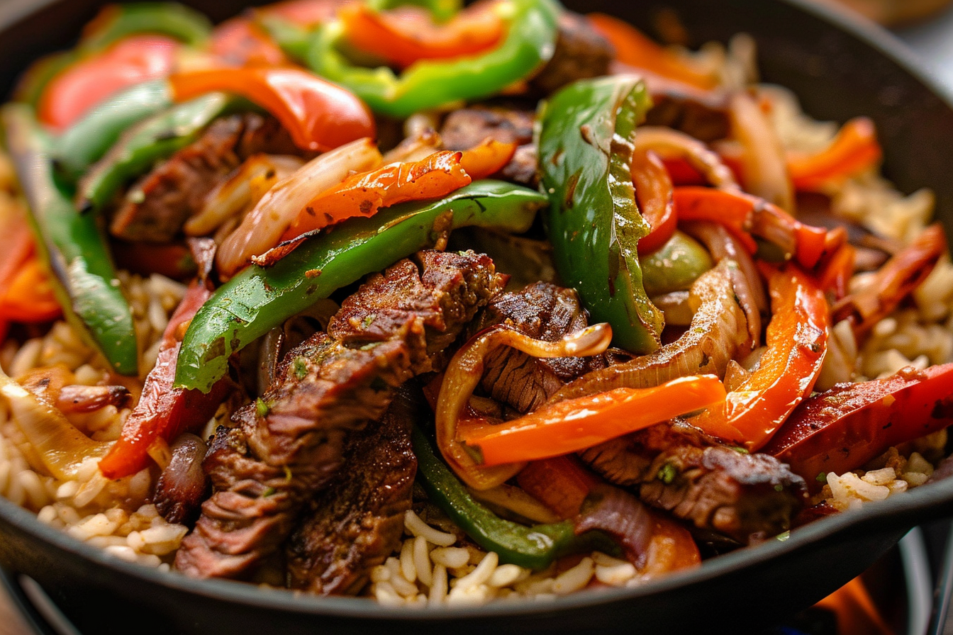 Queso Steak Fajita Skillet Over Mexican Rice