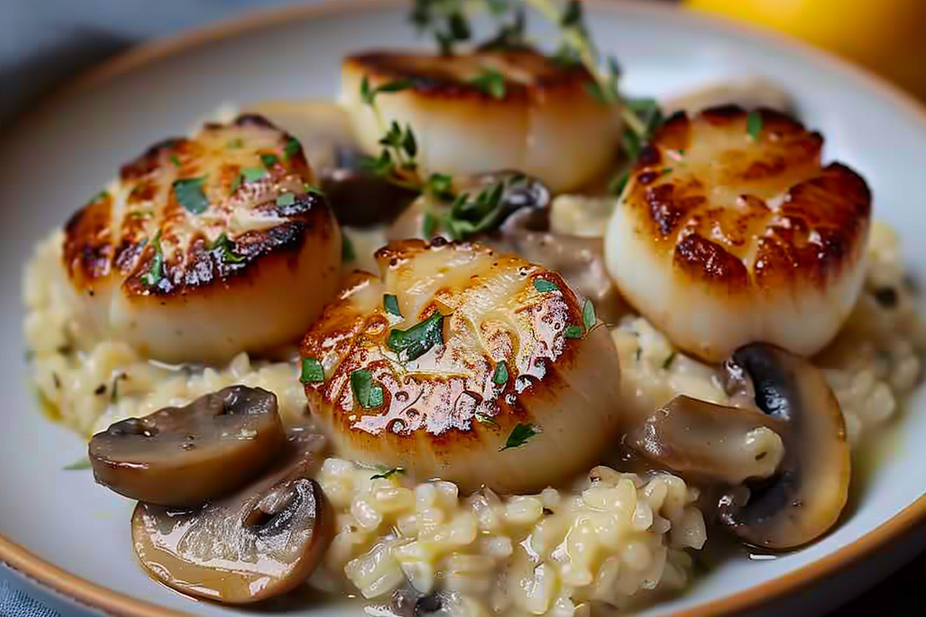 Seared Scallops Over Creamy Mushroom Arborio Risotto