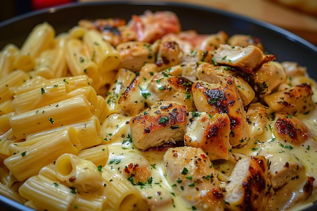 Creamy Velveeta Chicken Rigatoni with Mozzarella Garlic Sauce