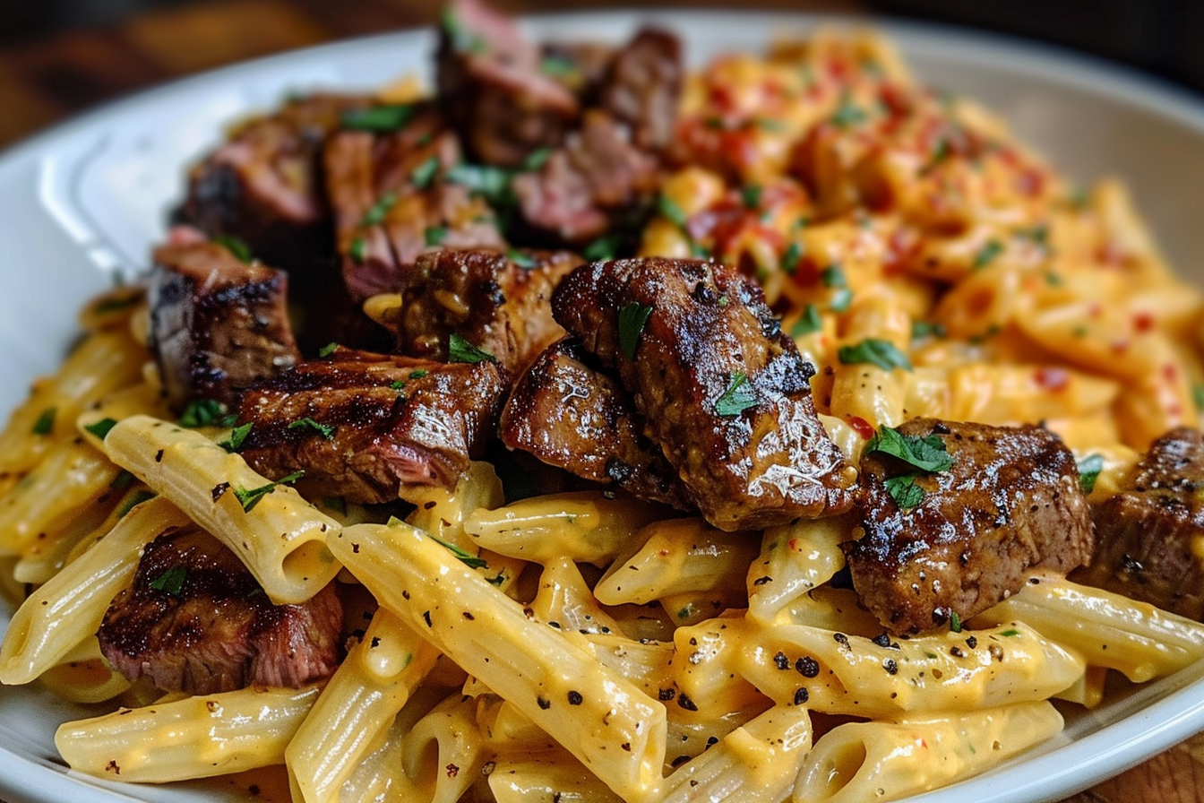 Cajun Steak Tips in Cheesy Penne Parmesan Sauce