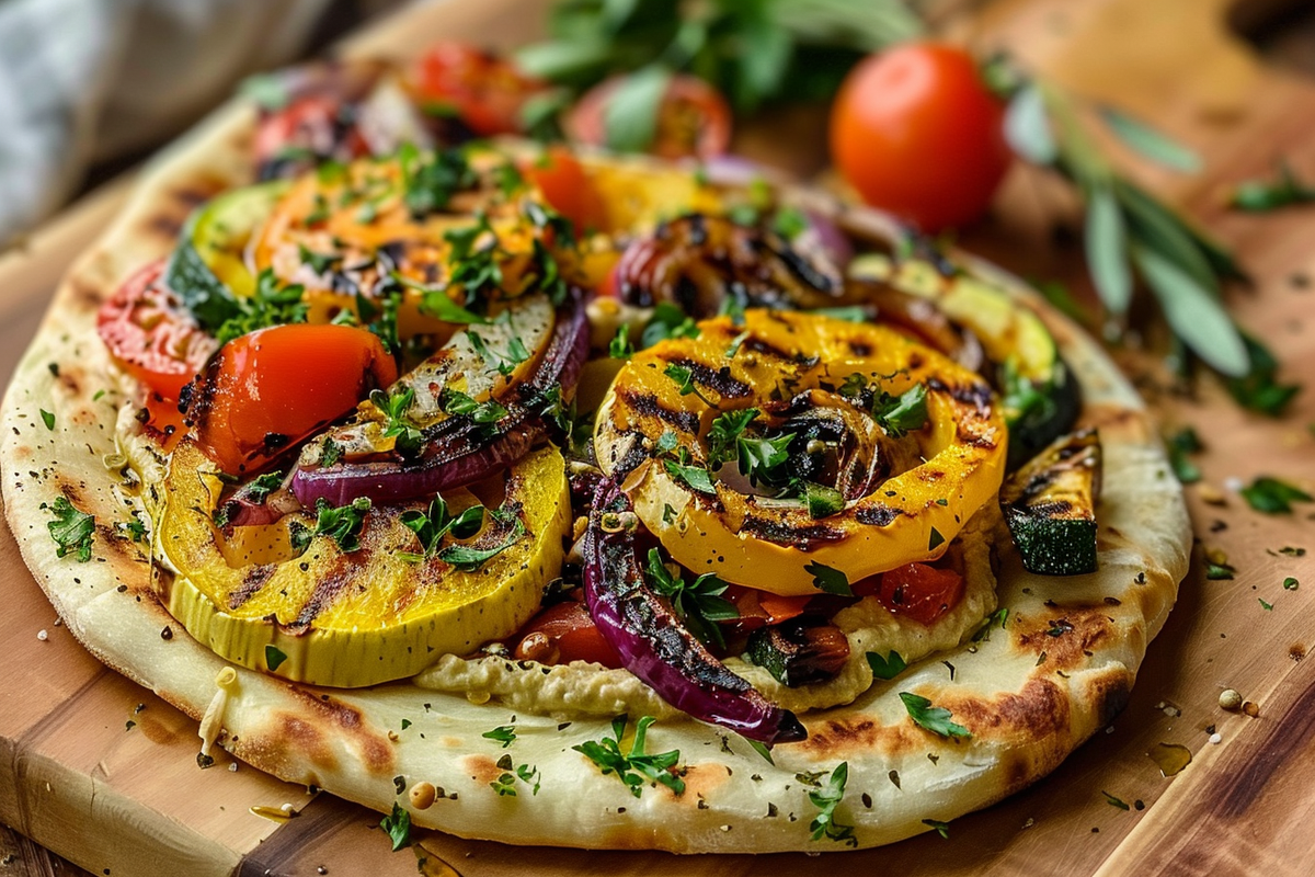 Flatbread with Hummus Grilled Veggies and Fresh Herbs