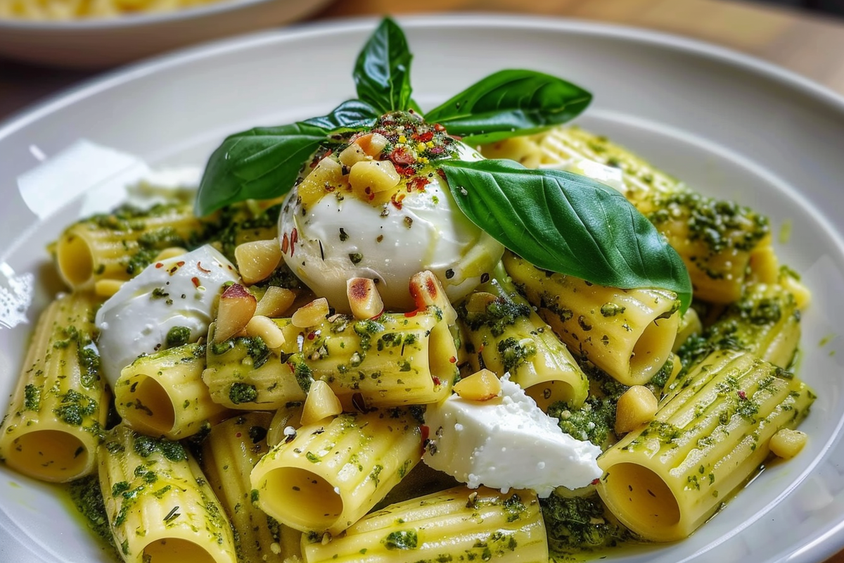 Lemon Pesto Rigatoni with Burrata & Roasted Pine Nuts