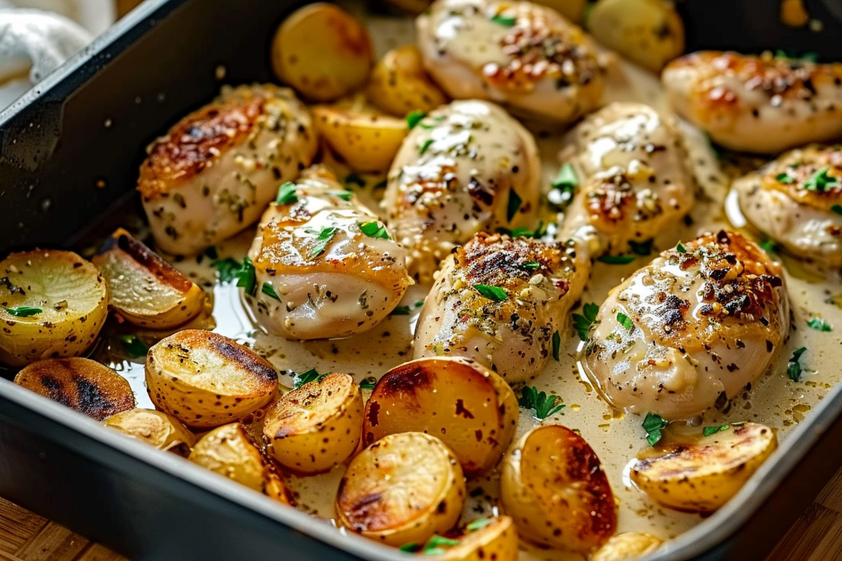 Creamy Garlic Chicken with Roasted Baby Potatoes