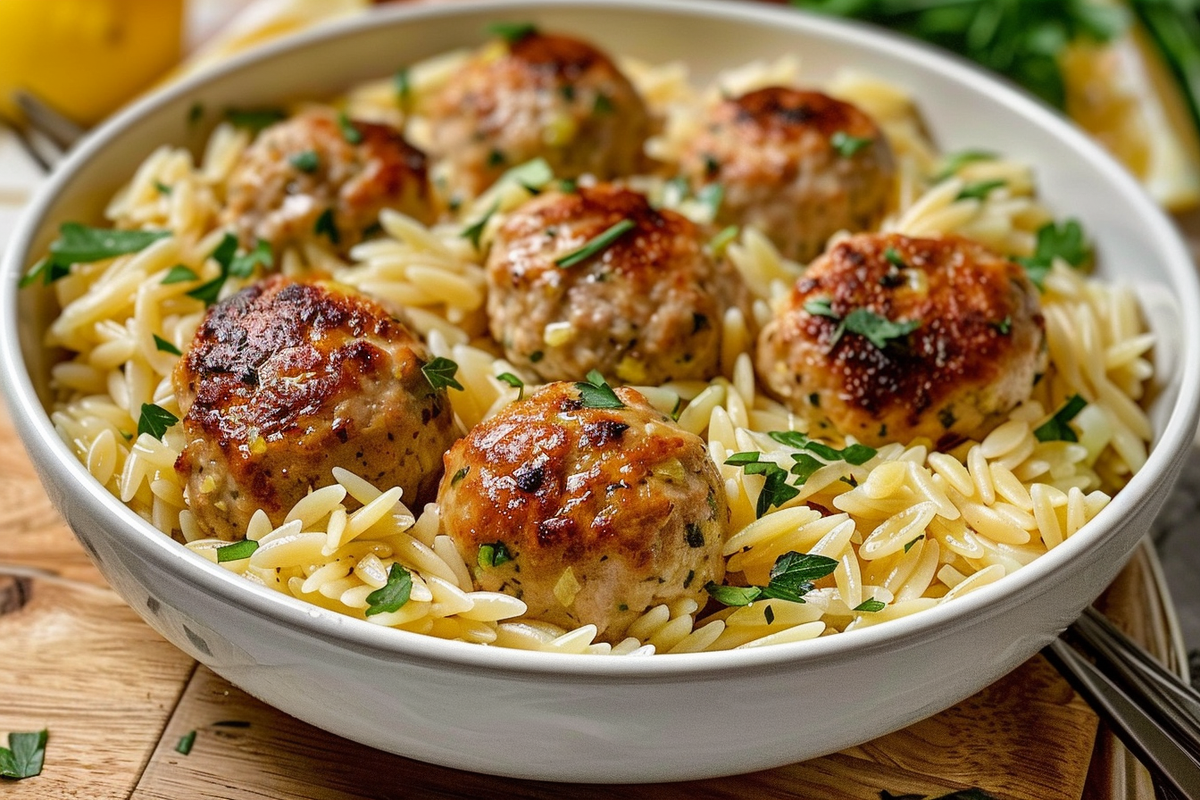 Lemon Chicken Ricotta Meatballs with Garlic Orzo