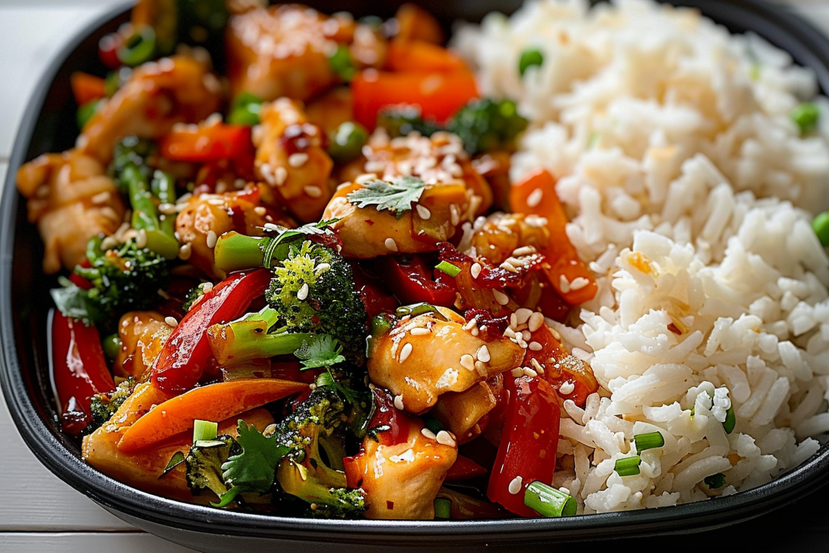 Spicy Garlic Chicken Stir-Fry with Veggies and Fluffy Rice
