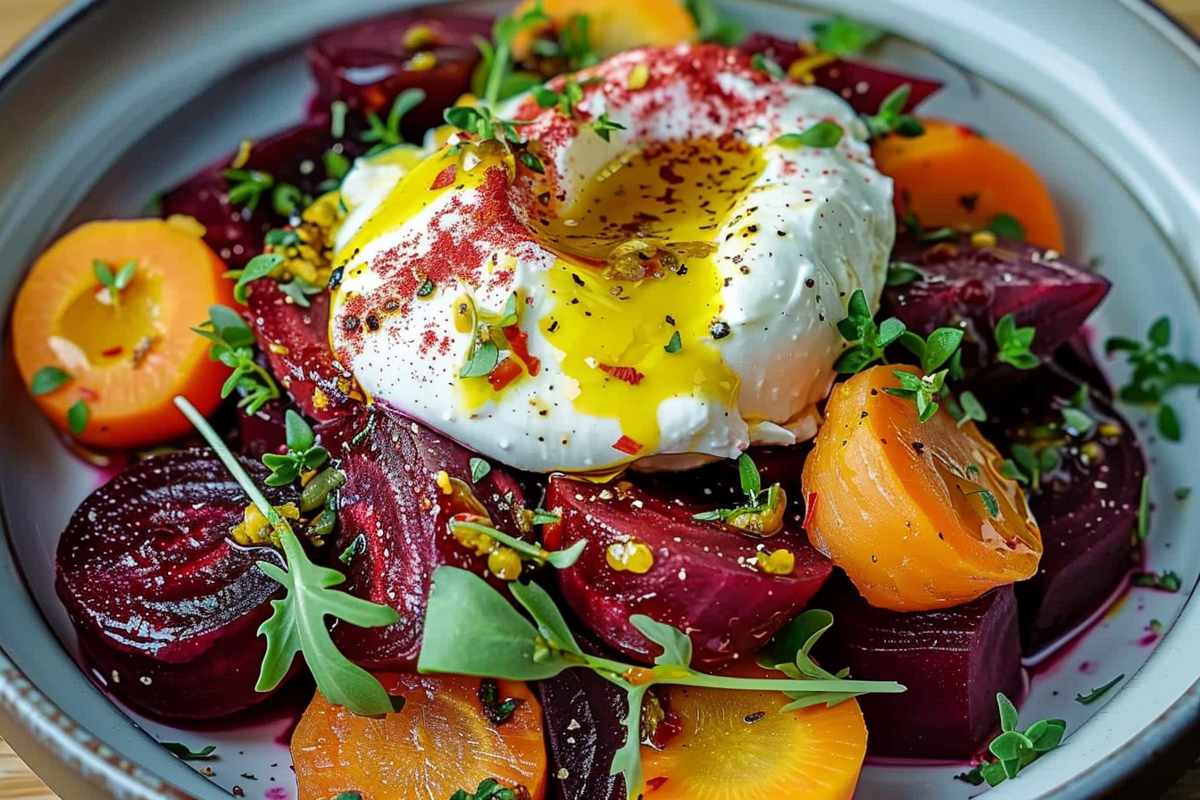 Roasted Beets & Carrots with Creamy Burrata Salad