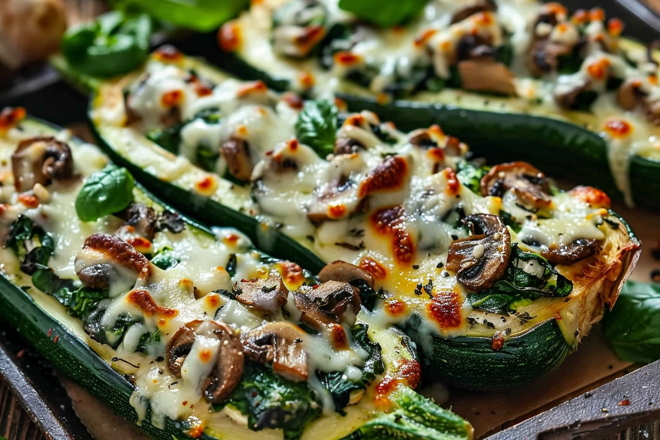 Mediterranean Spinach Mushroom & Cheese Stuffed Zucchini Boats
