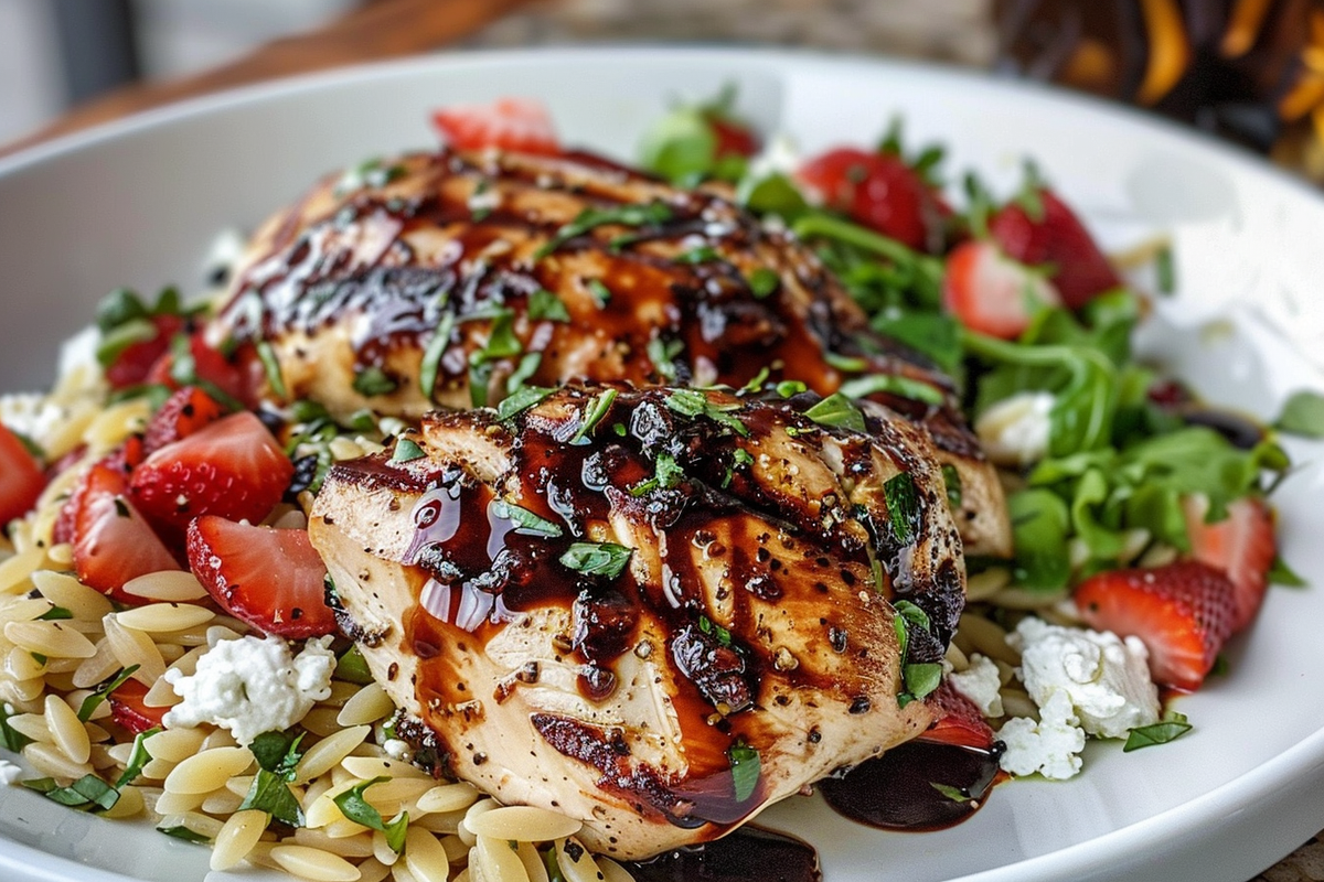 Grilled Chicken with Strawberry Balsamic Glaze & Ricotta Salata Orzo Salad