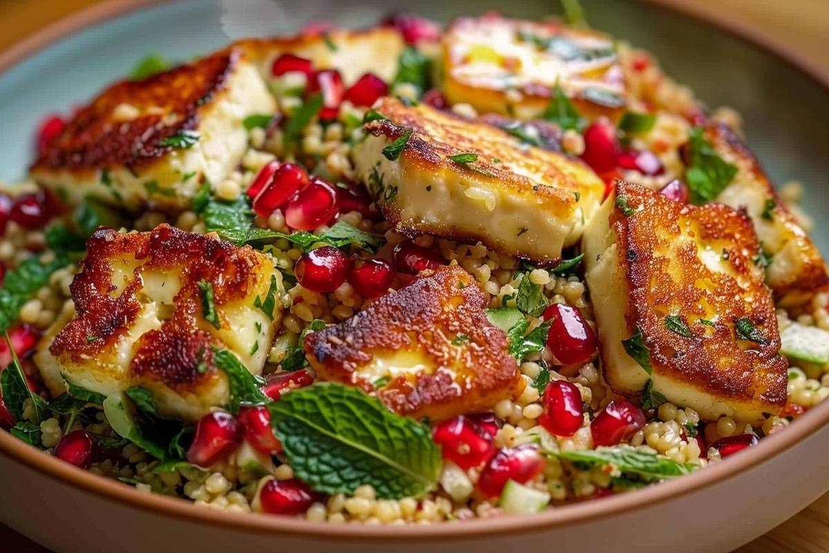 Halloumi & Pomegranate Couscous Salad with Mint-Lemon Dressing