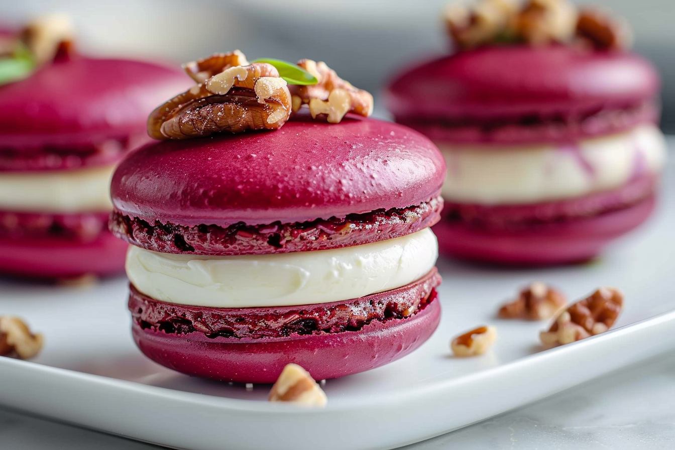 Savory Beet Macarons with Whipped Goat Cheese & Walnut Crunch