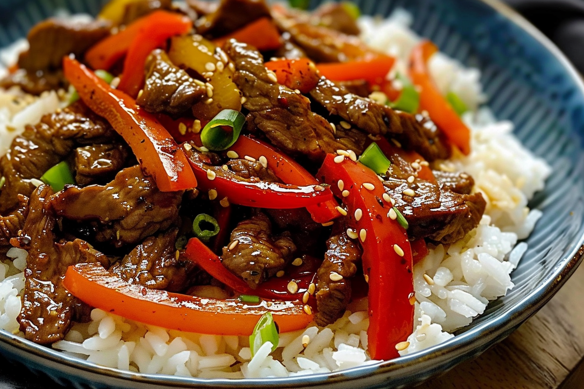 Spicy Garlic Beef Stir-Fry with Bell Peppers and Fluffy Rice