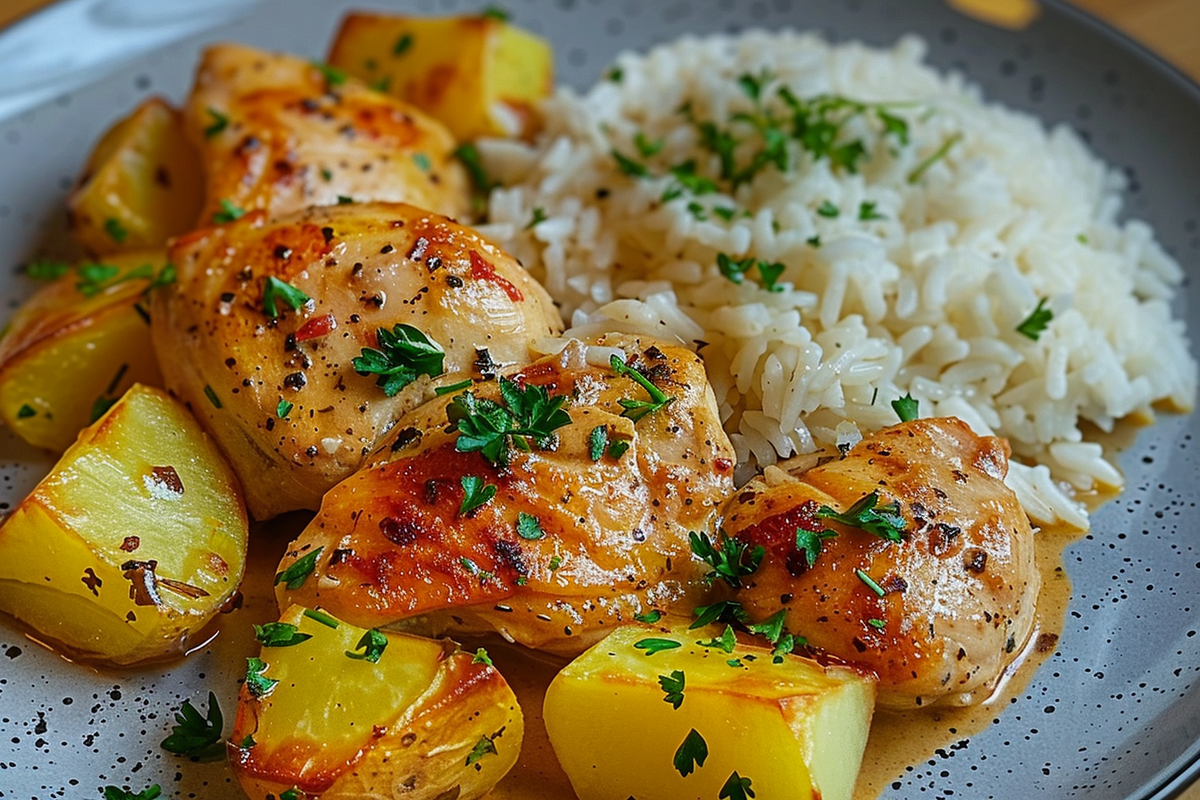 Creamy Garlic Chicken with Herbed Potatoes & Fluffy Rice