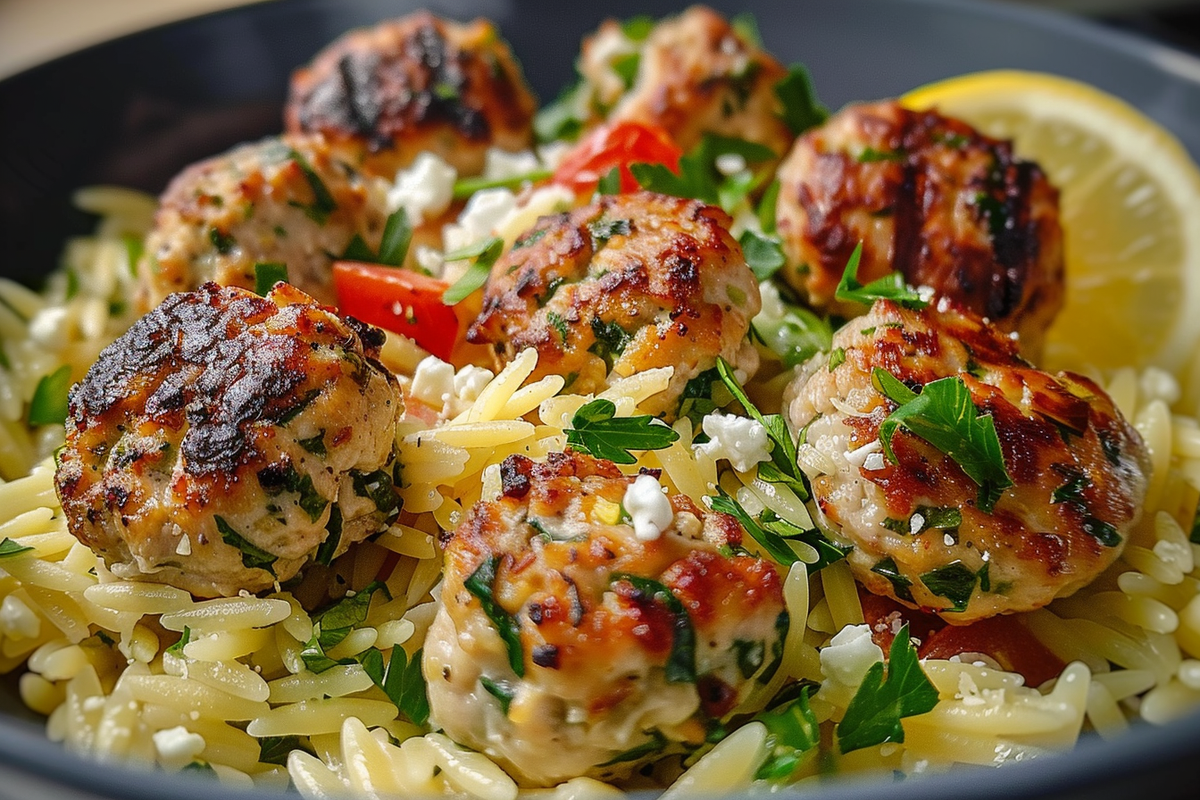 Lemon Chicken Feta Meatballs with Garlic Orzo