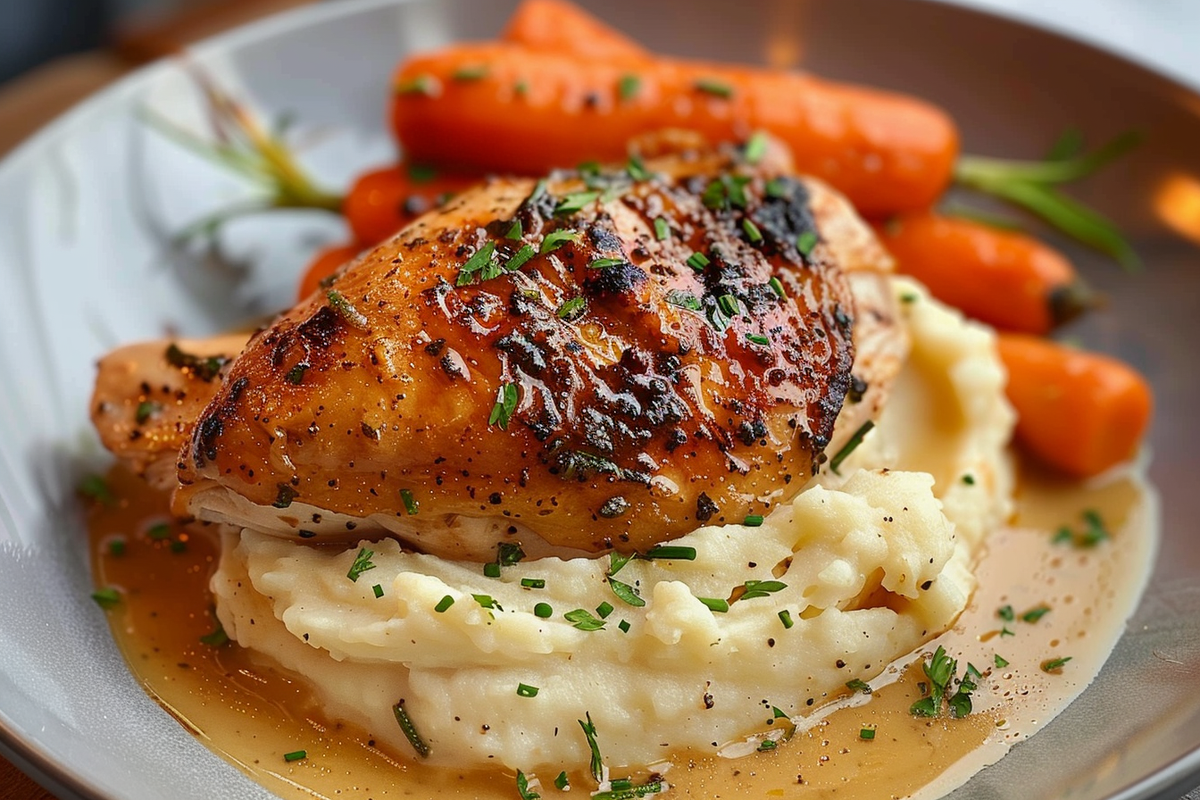 Creamy Herb Chicken with Mashed Potatoes and Glazed Carrots