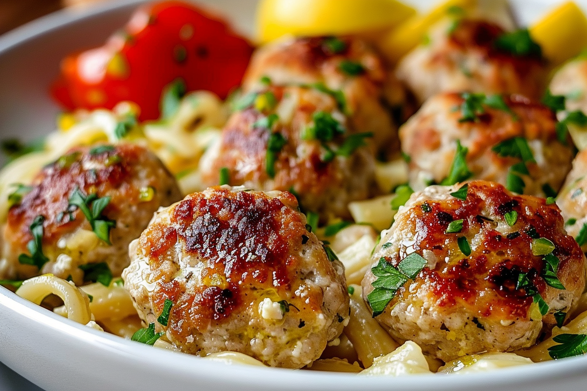 Lemon Chicken Ricotta Meatballs with Garlic Pastina