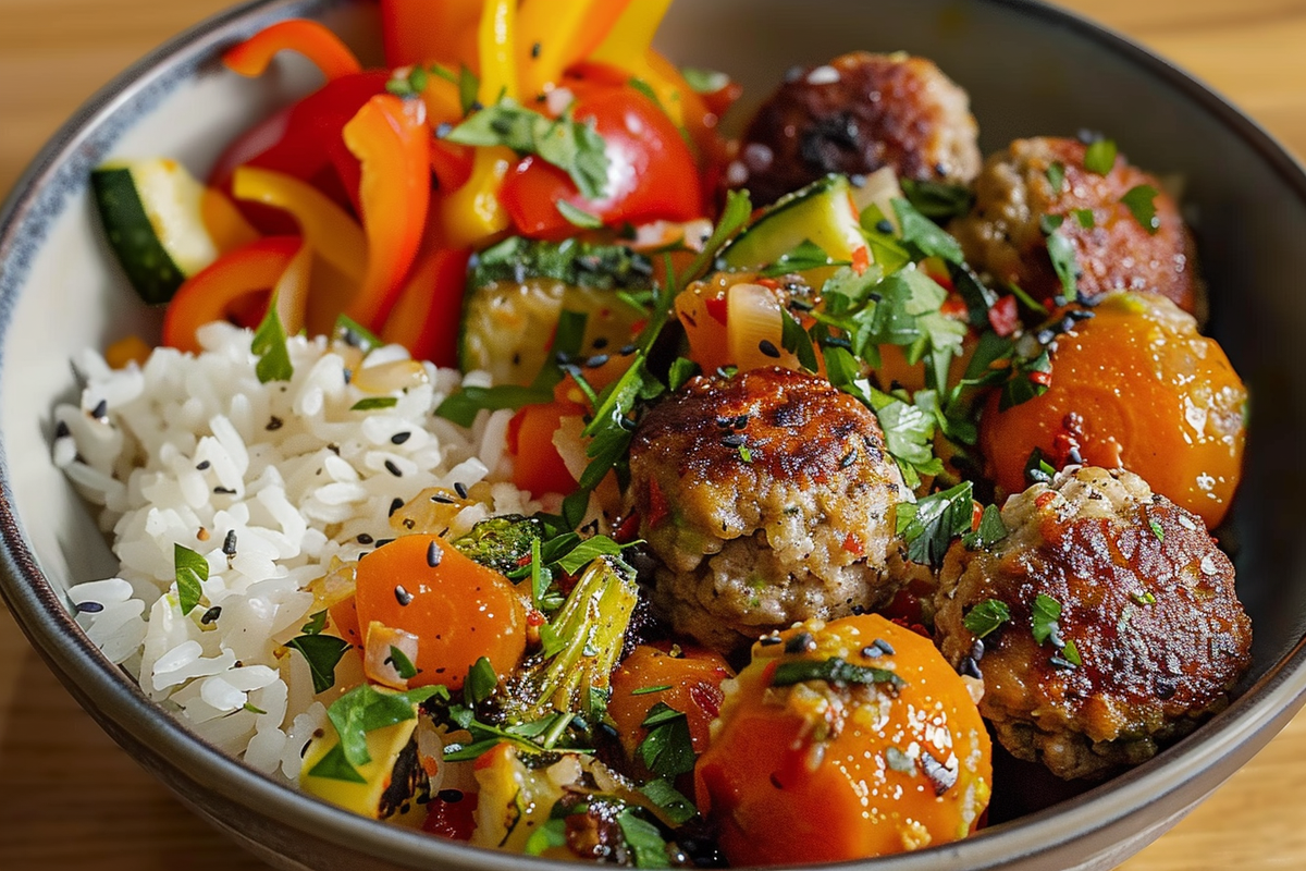 Mediterranean Meatball Bowl with Tzatziki & Herb Rice