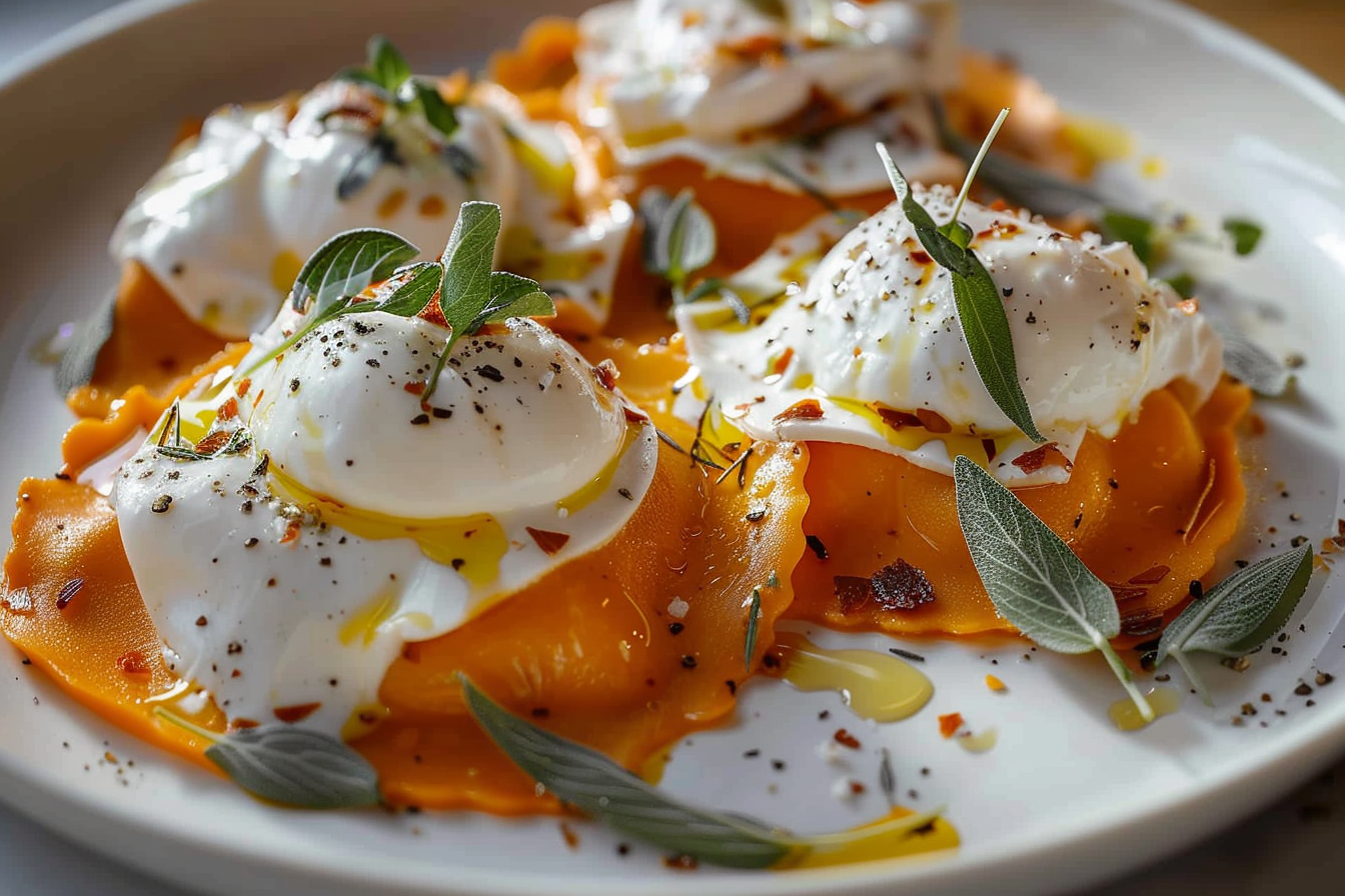 Invisible Sweet Potato Ravioli with Burrata & Sage