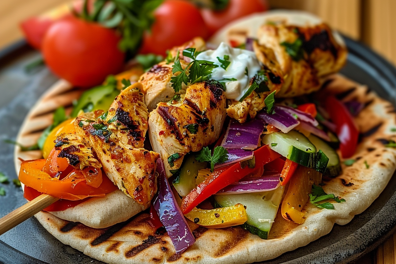 Grilled Chicken Flatbread Wrap with Yogurt Veggies & Herbs