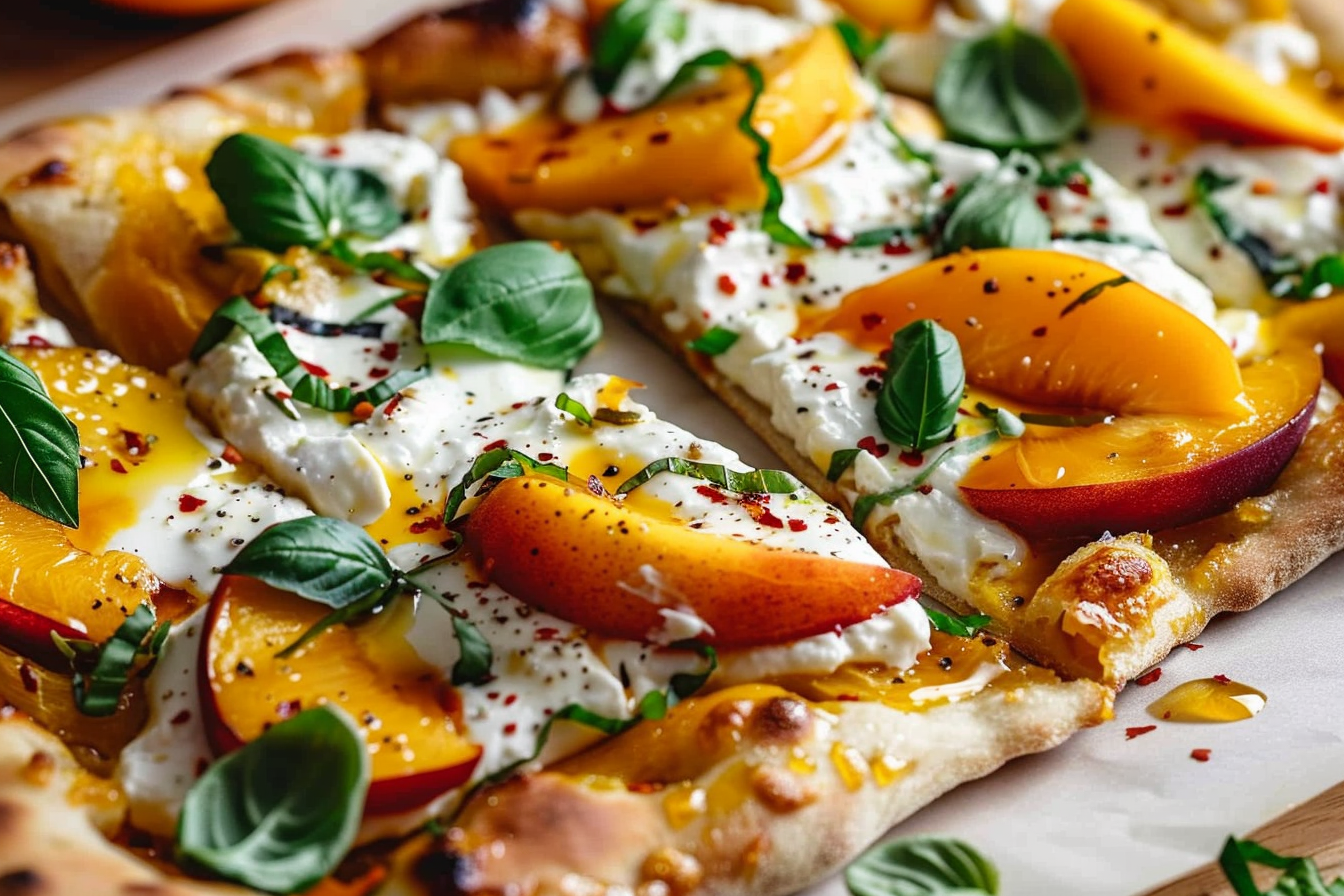 Swicy Summer Peach & Burrata Flatbread