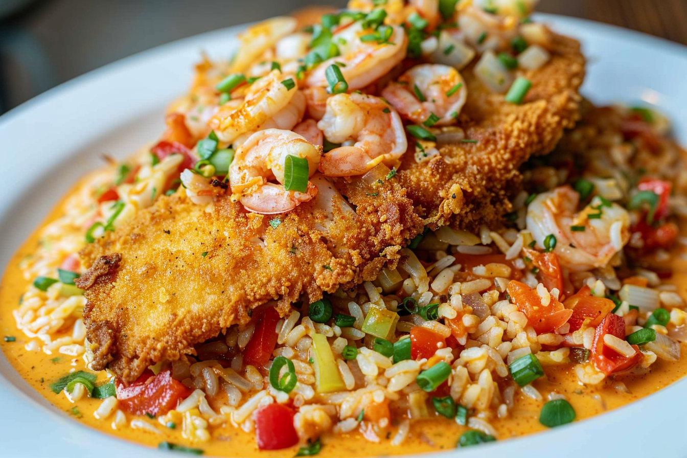 Fried Catfish Over Dirty Rice With Cajun Shrimp Cream Sauce