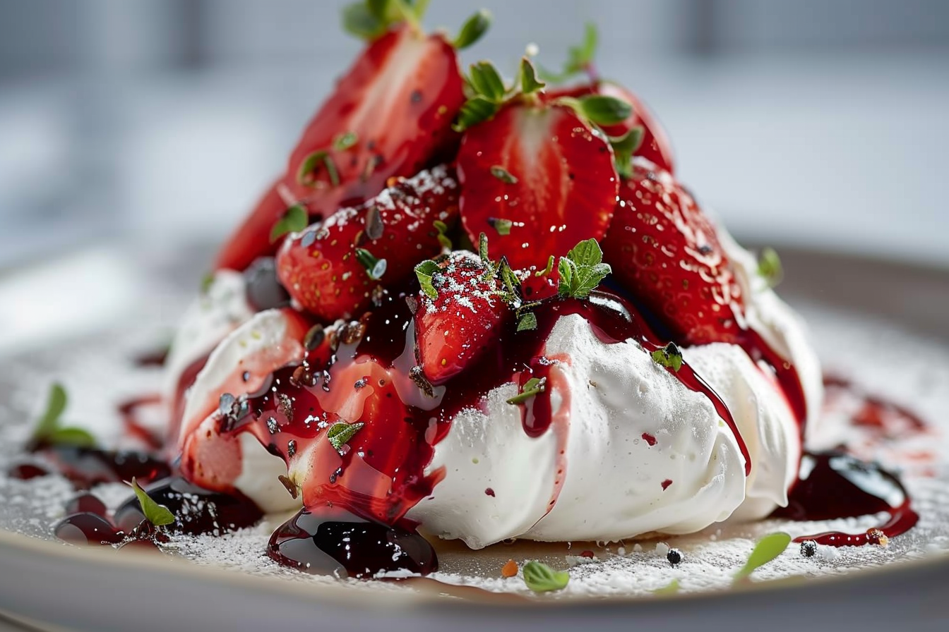 Pink Pepper Pavlova with Roasted Strawberry Balsamic Glaze