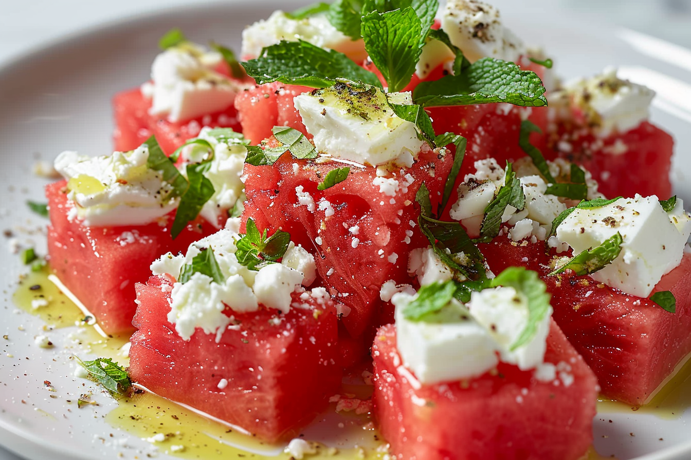 Swicy Compressed Watermelon Cubes with Whipped Feta & Mint