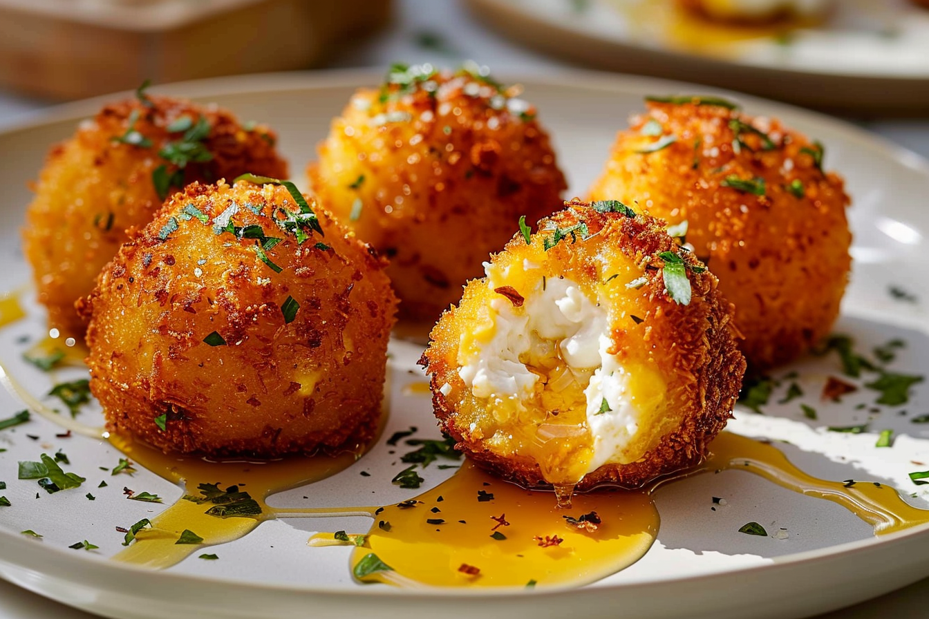 Golden Saffron Risotto Balls with a Creamy Ricotta Core and a Honey Drizzle