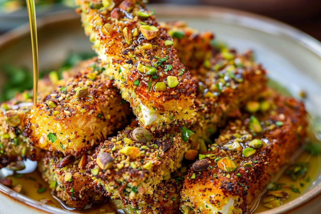 Crispy Pistachio-Crusted Feta Sticks with Hot Honey Drizzle