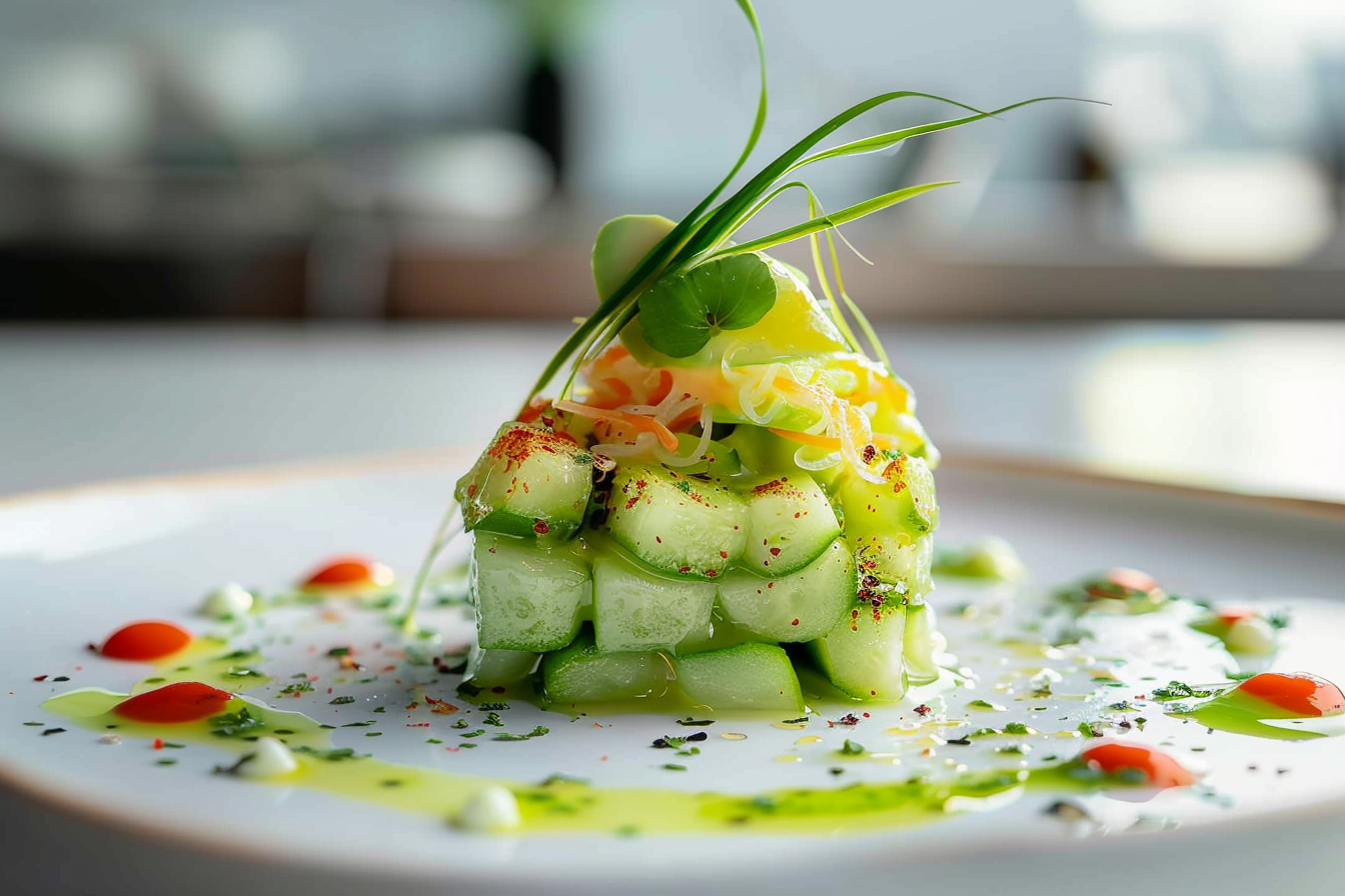 Compressed Cucumber Tartare with Avocado-Yuzu Foam